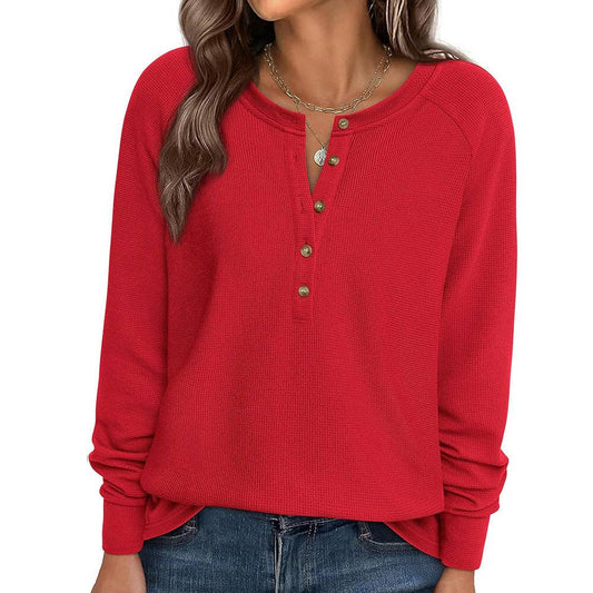 Henley Button Front Waffle Knit Long Sleeve Top