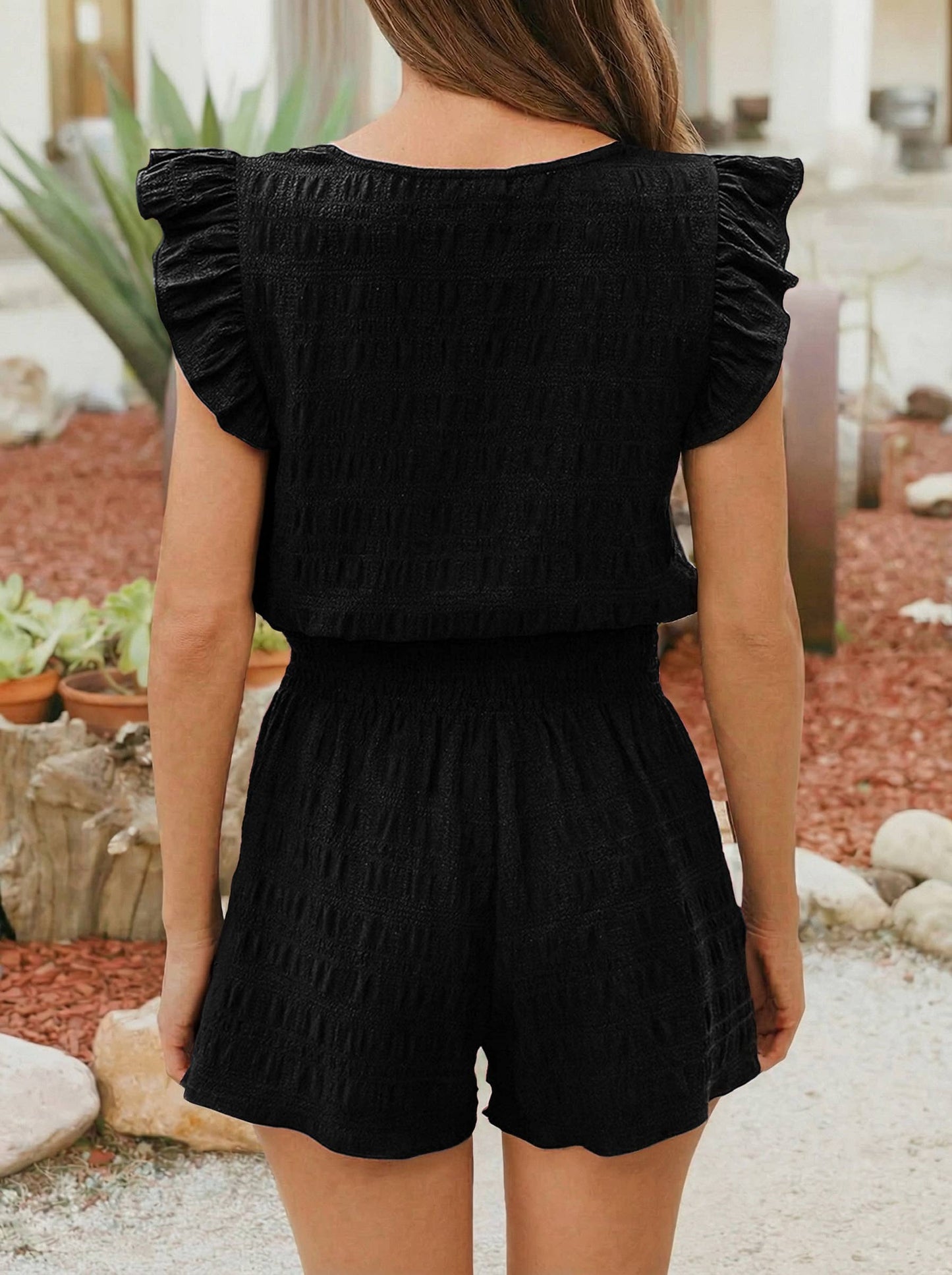 Textured Top and Shirred High Waist Shorts Set