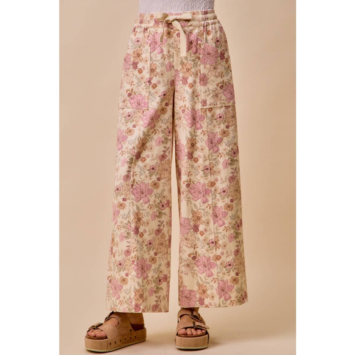 FLORAL COTTON TWILL ELASTICIZED WAIST WIDE PANTS