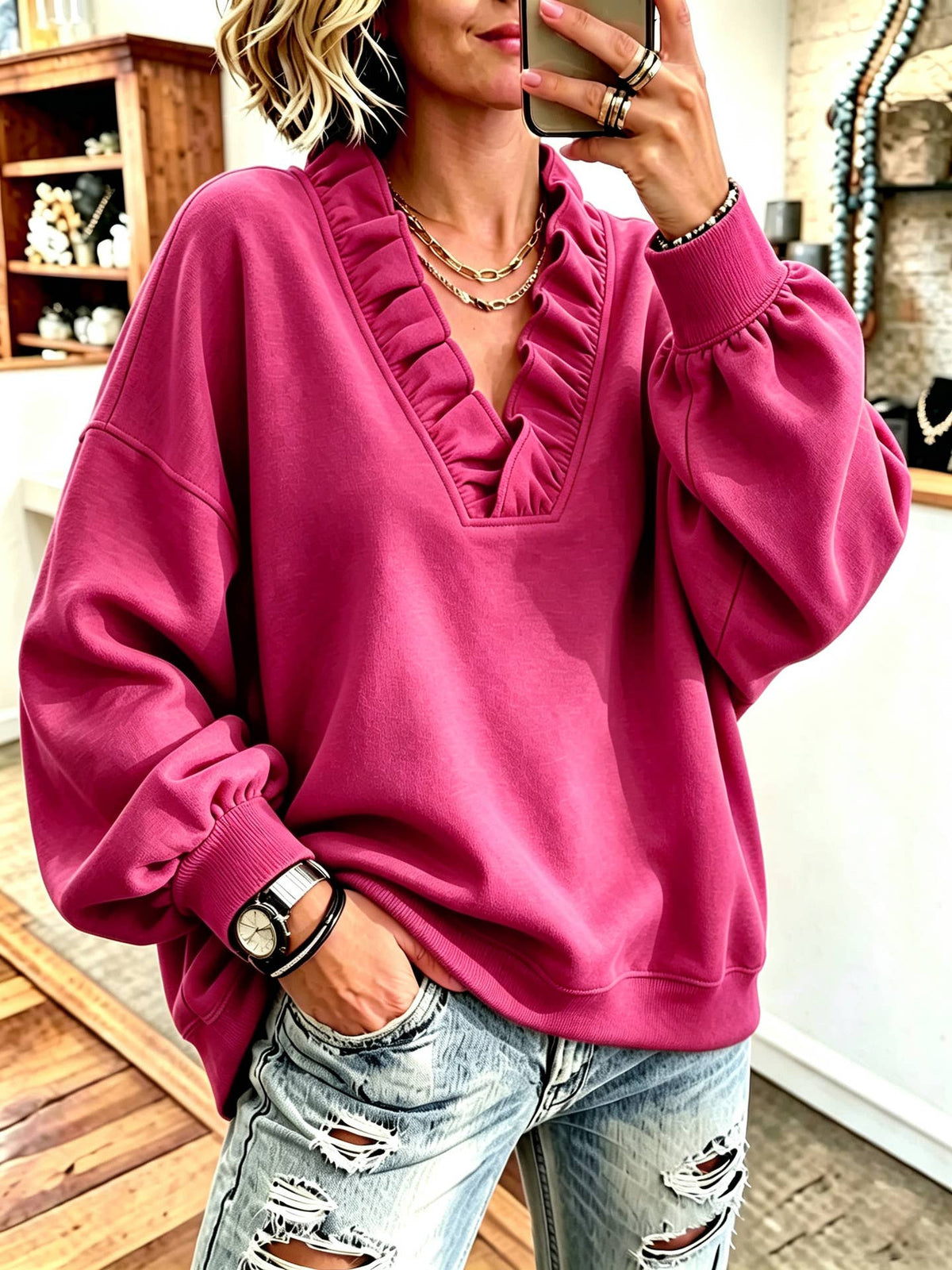 Ruffle V-Neck Loose Casual Sweatshirt