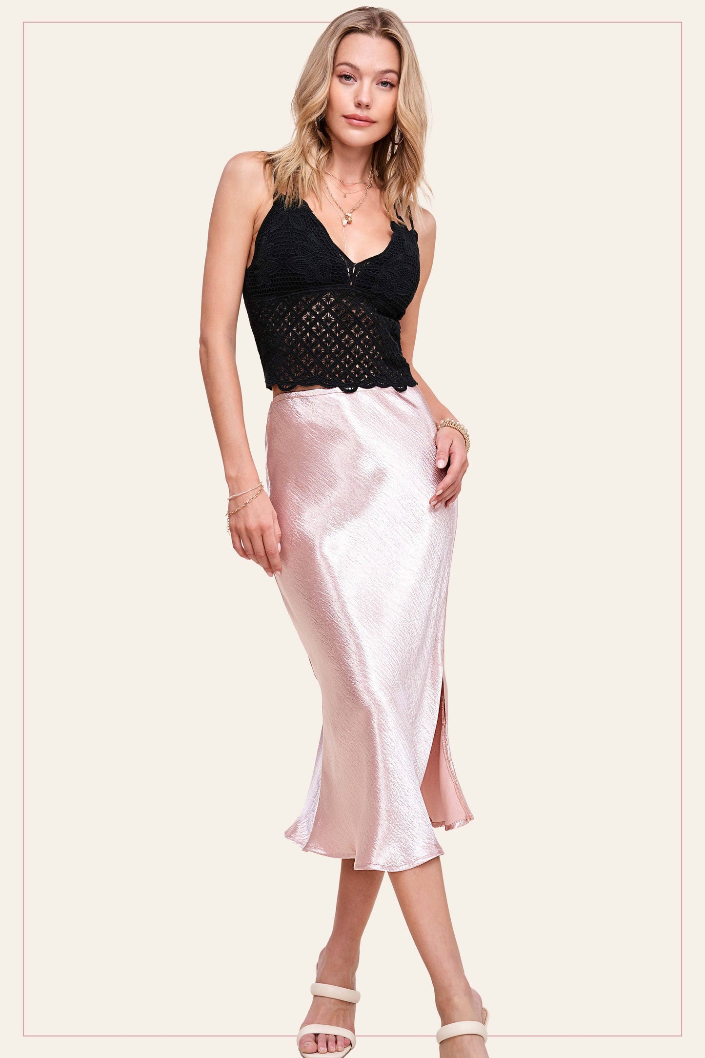 High-Waisted Midi Length Satin Effect Solid Skirt