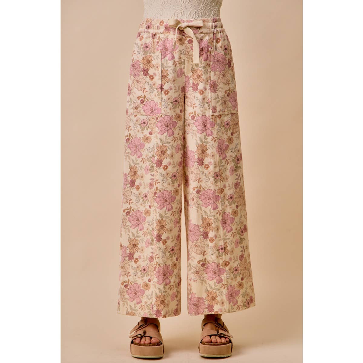 FLORAL COTTON TWILL ELASTICIZED WAIST WIDE PANTS
