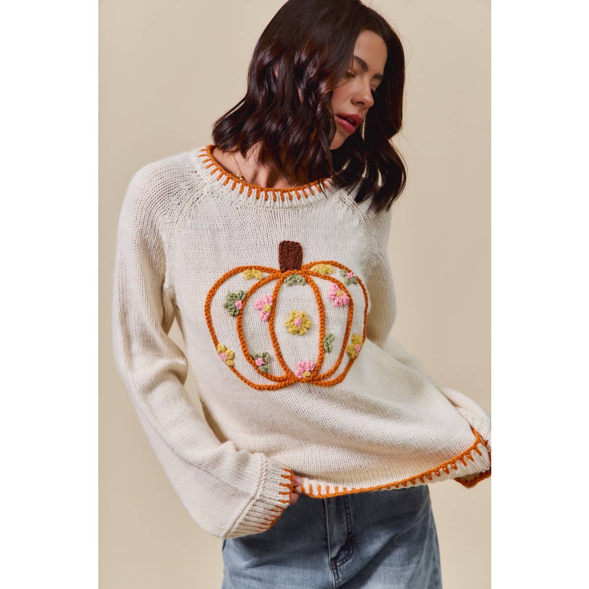 PUMPKIN FLORAL EMBROIDERED THANKSGIVING SWEATER