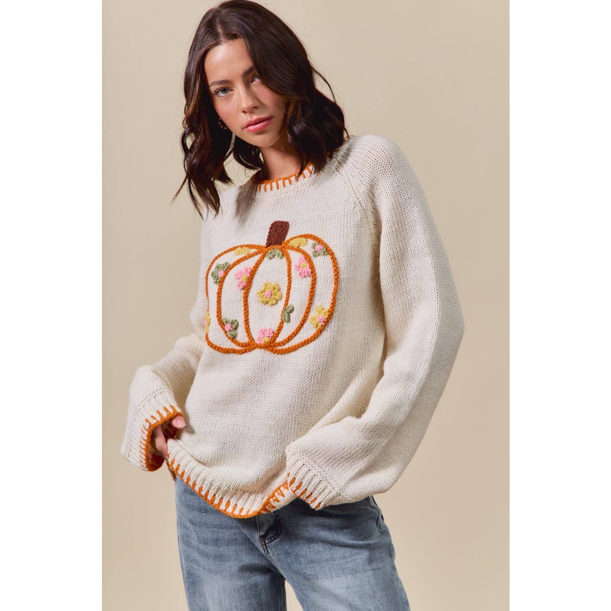 PUMPKIN FLORAL EMBROIDERED THANKSGIVING SWEATER