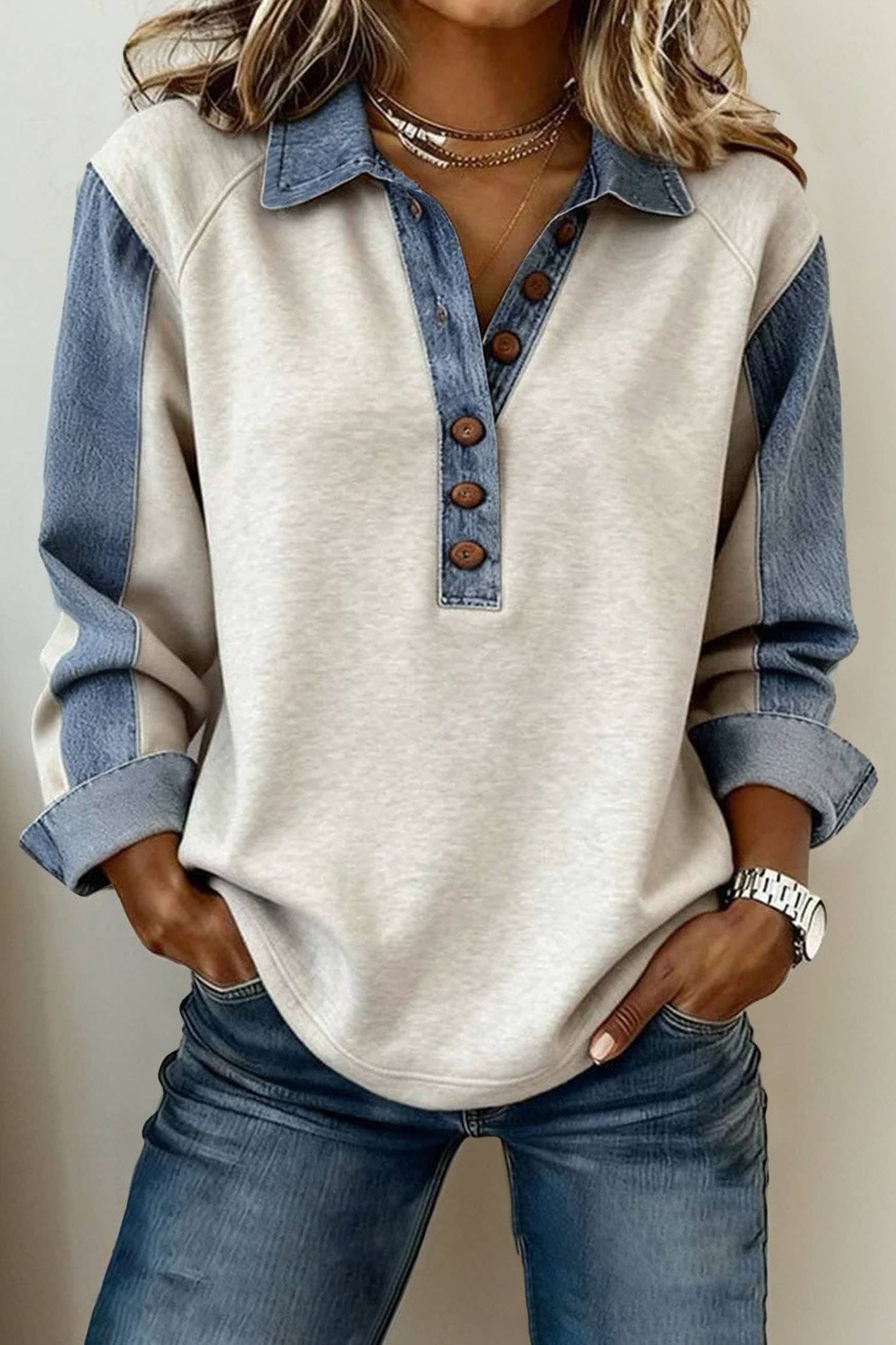 Denim-Style Patchwork Collar Half Button Top (S-XL)