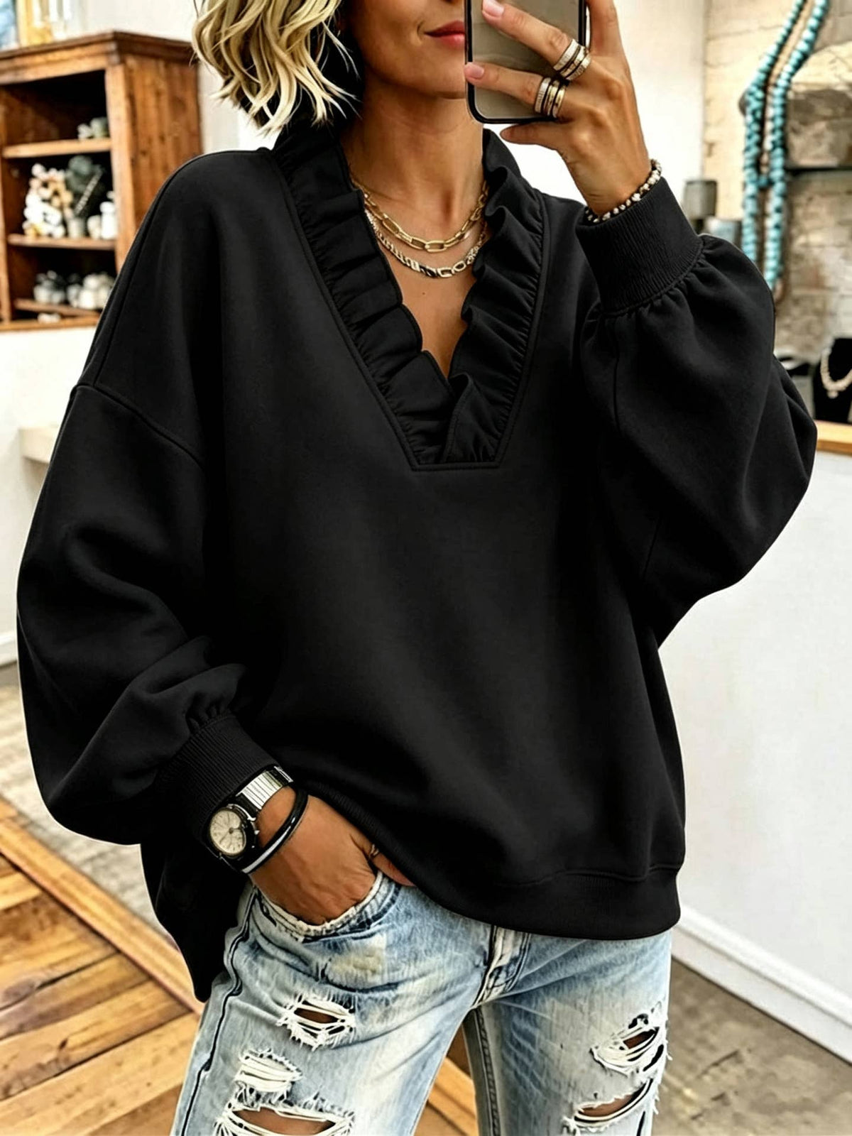 Ruffle V-Neck Loose Casual Sweatshirt