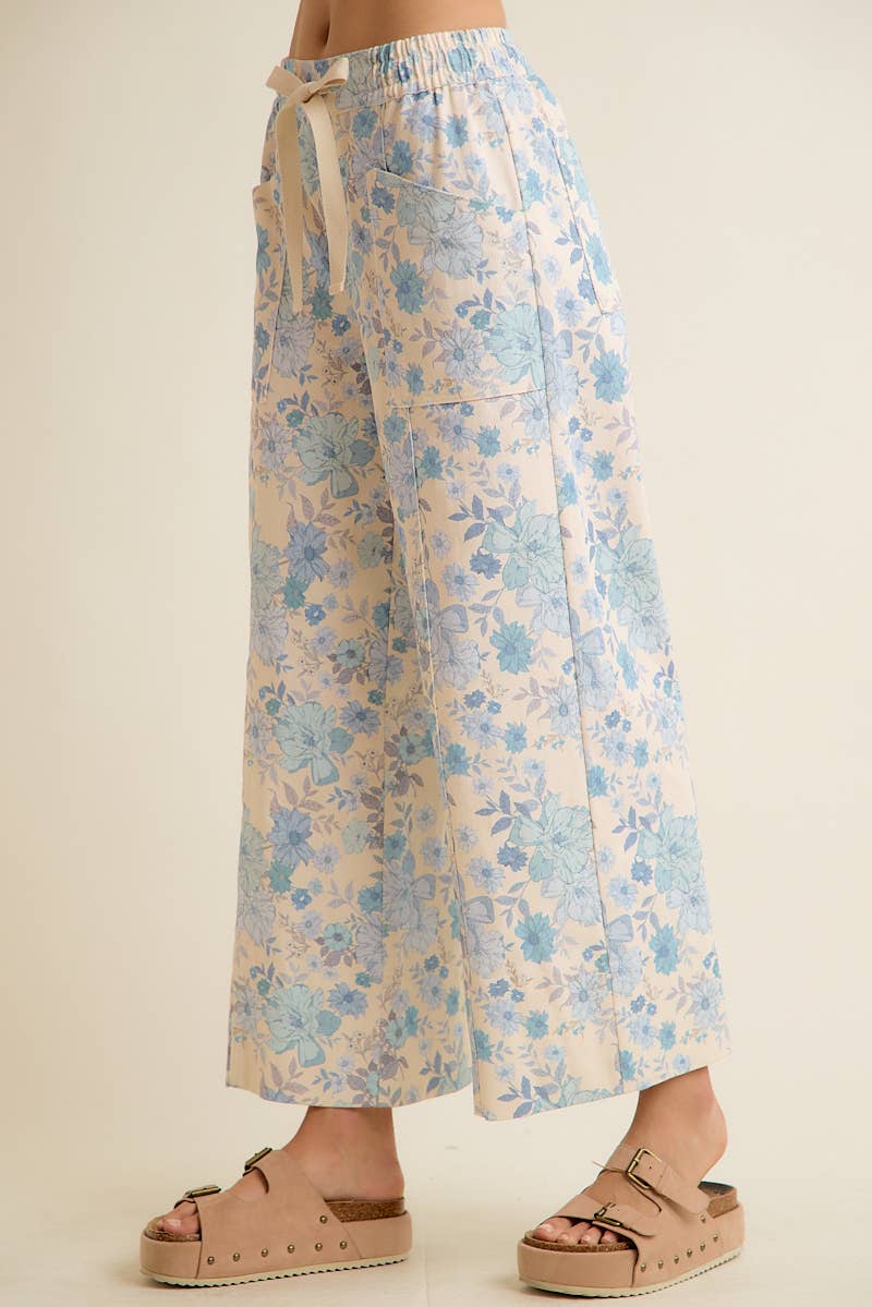 FLORAL COTTON TWILL ELASTICIZED WAIST WIDE PANTS