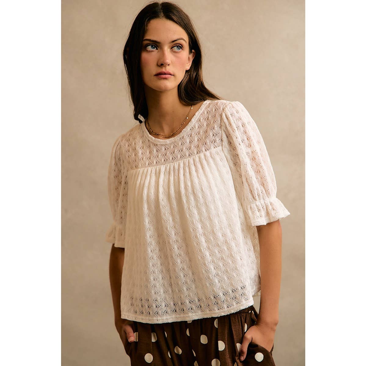 LACE KNIT BABYDOLL BLOUSE TOP