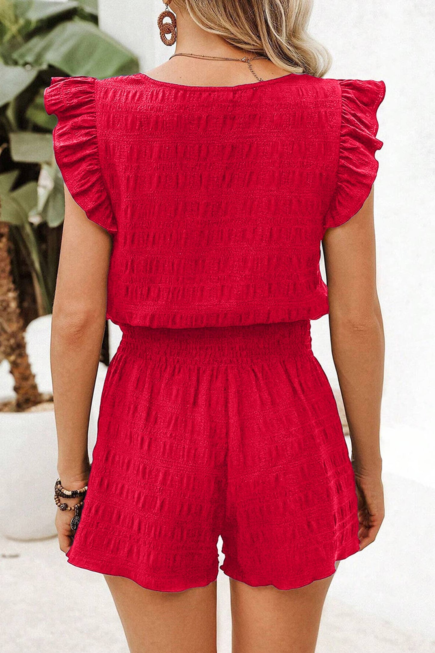 Textured Top and Shirred High Waist Shorts Set