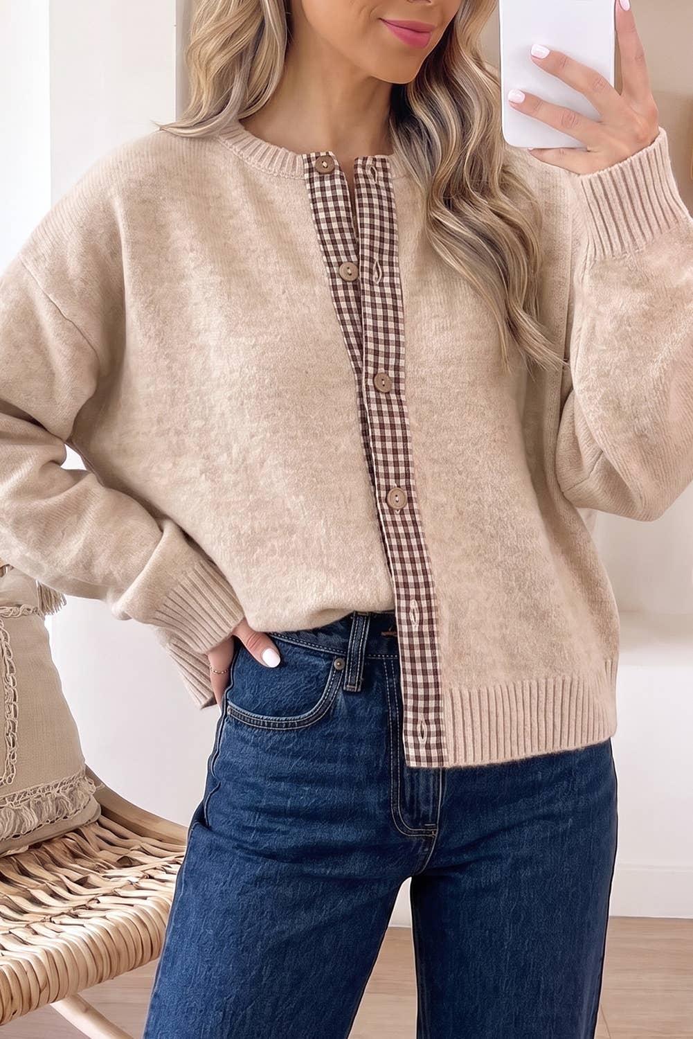 Plaid Trim Button Down Cardigan