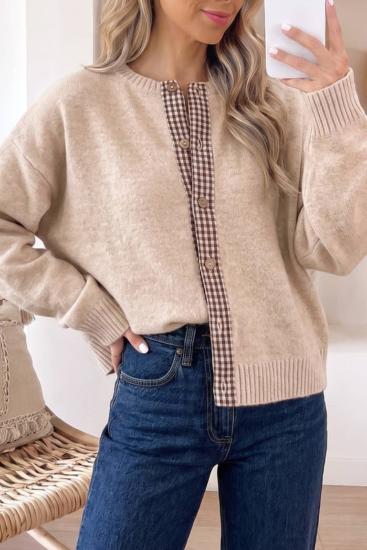 Plaid Trim Button Down Cardigan