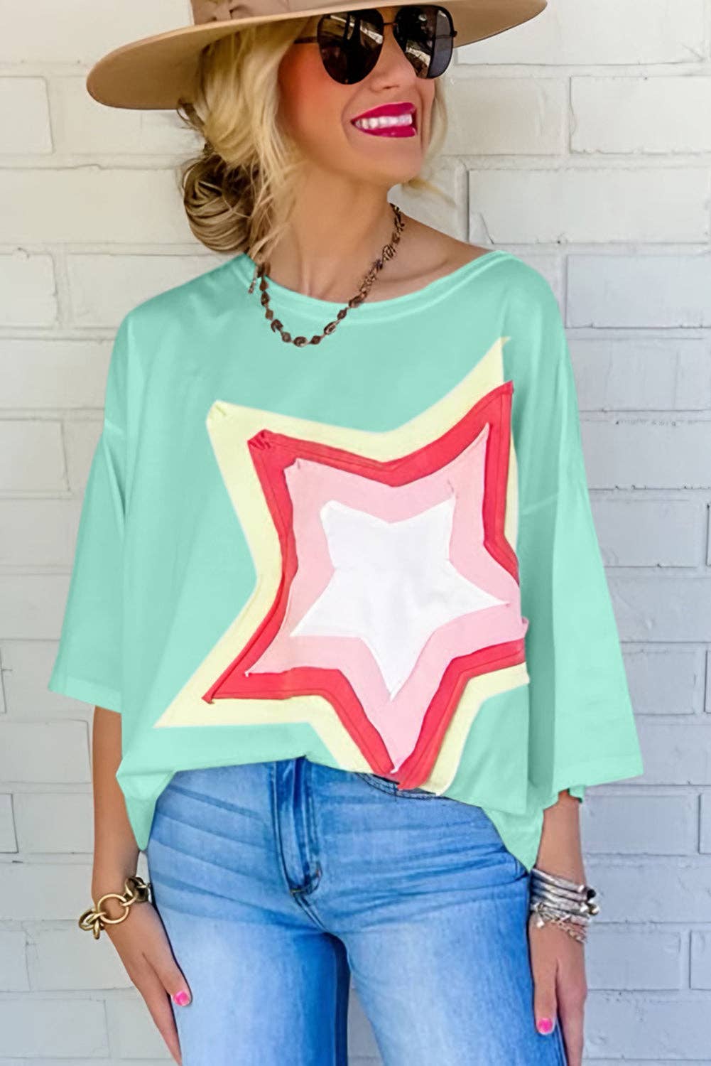 Colorblock Star Patched Half Sleeve Oversized Tee