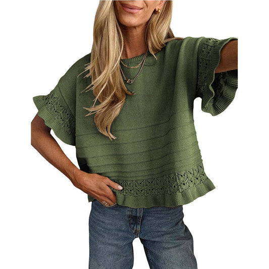 Eyelet Ruffle Sleeve Knit Top