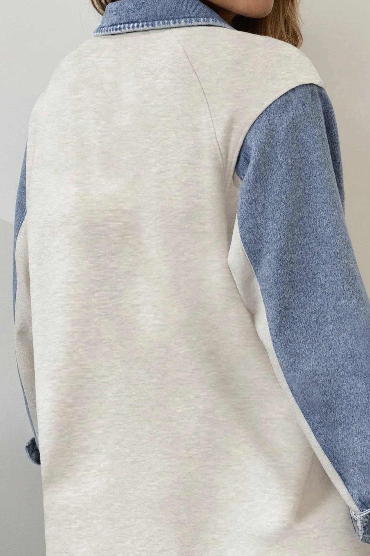 Denim-Style Patchwork Collar Half Button Top (S-XL)
