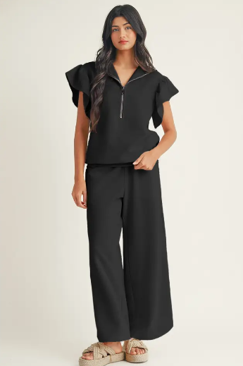 Textured Ruffled Sleeve Top and Wide Leg Pants Set
