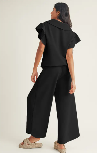Textured Ruffled Sleeve Top and Wide Leg Pants Set
