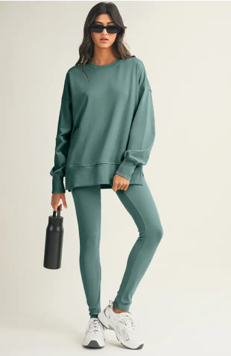 Solid Color Slit Sweatshirt Ribbed Leggings 2 Piece Set Color Green Bay