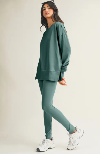 Solid Color Slit Sweatshirt Ribbed Leggings 2 Piece Set Color Green Bay