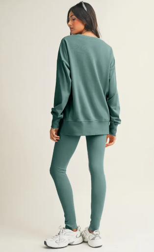 Solid Color Slit Sweatshirt Ribbed Leggings 2 Piece Set Color Green Bay