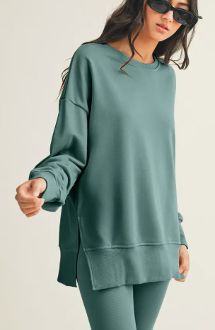 Solid Color Slit Sweatshirt Ribbed Leggings 2 Piece Set Color Green Bay