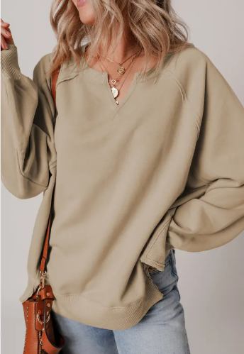 Raw Edge Exposed Seam Raglan Sleeve Side Slit Sweatshirt