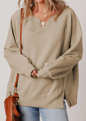 Raw Edge Exposed Seam Raglan Sleeve Side Slit Sweatshirt