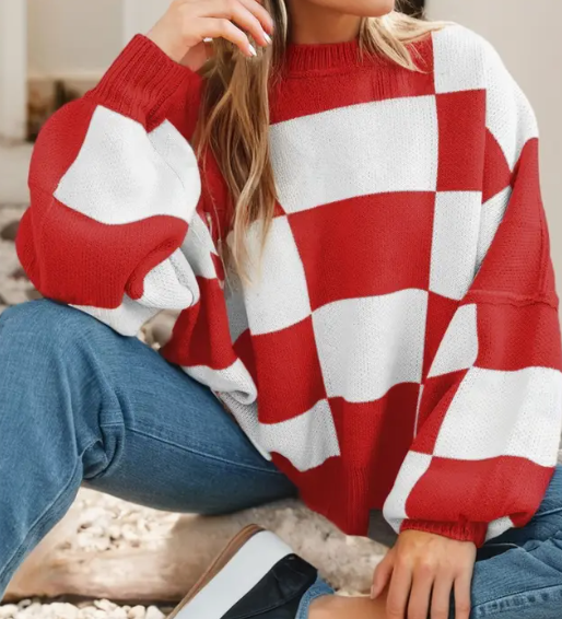 Checkered Bishop Sleeve Sweater