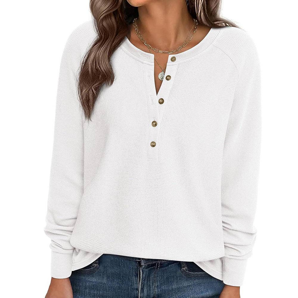 Henley Button Front Waffle Knit Long Sleeve Top
