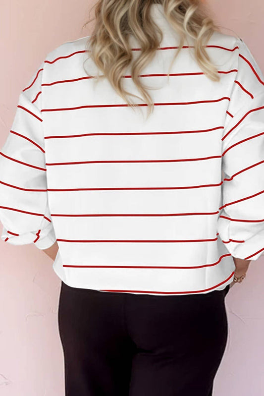 White Zip V Neck Stripe Drop Shoulder Long Sleeve Top