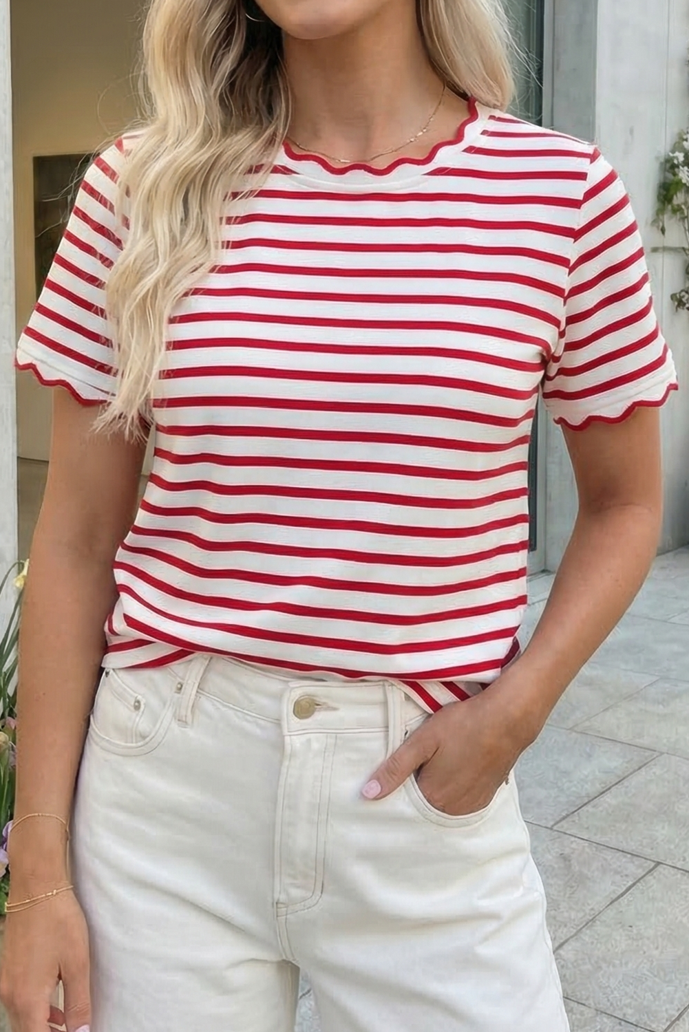 Stripe Scalloped Trim Round Neck T Shirt