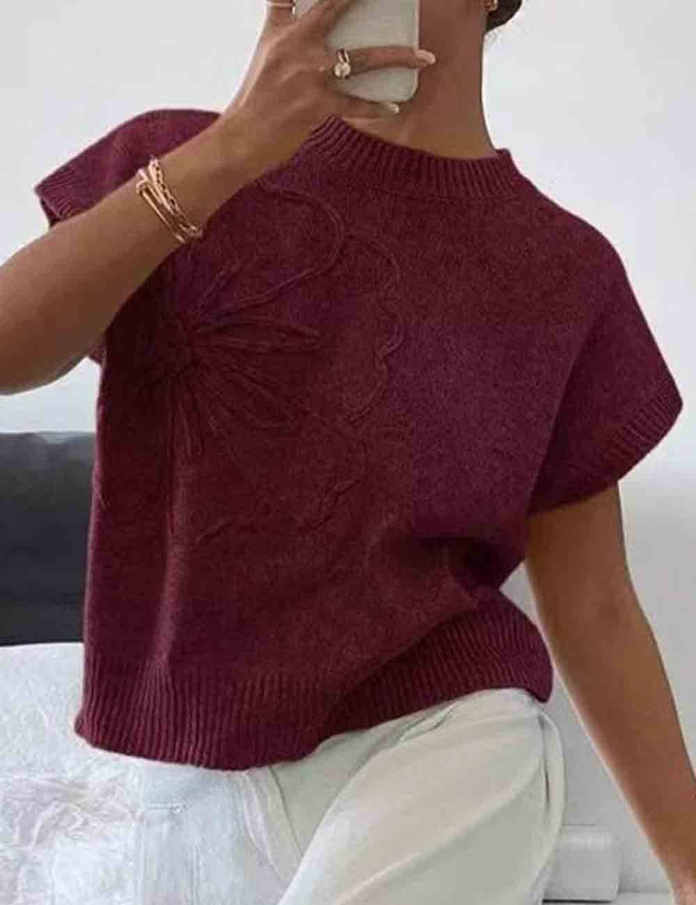 Ladies Round Neck Floral Jacquard Ribbed Knit Vest