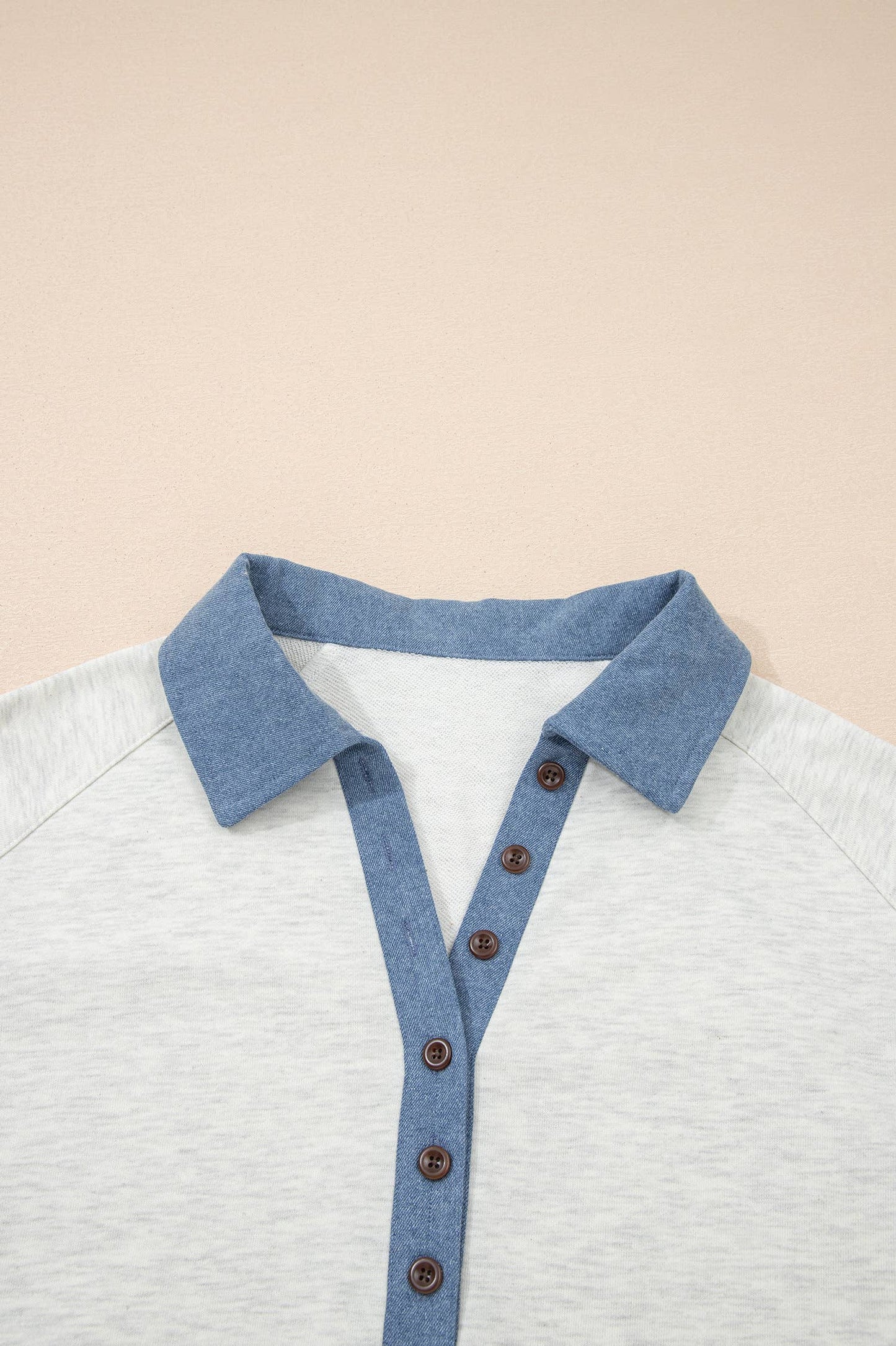Denim-Style Patchwork Collar Half Button Top (S-XL)
