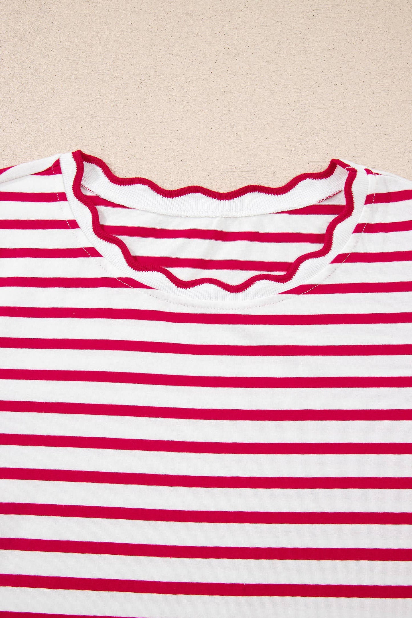 Stripe Scalloped Trim Round Neck T Shirt