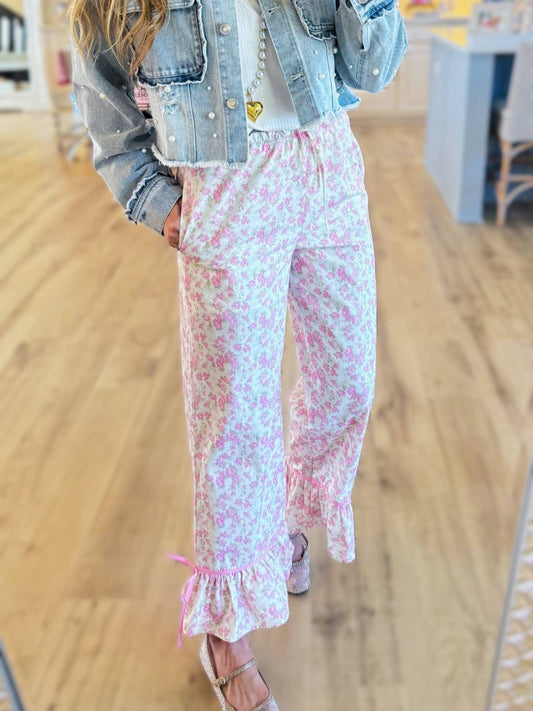 Lightweight Floral Ruffle Hem Wide Leg Pants