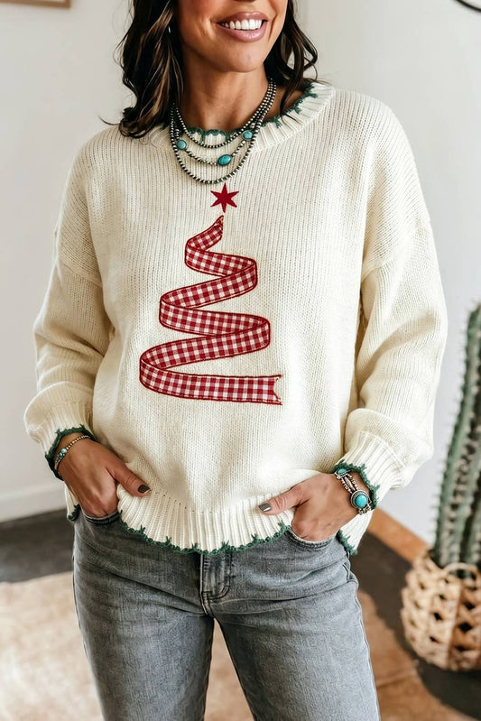 Stitched Detail Christmas Tree Holiday Casual Sweater