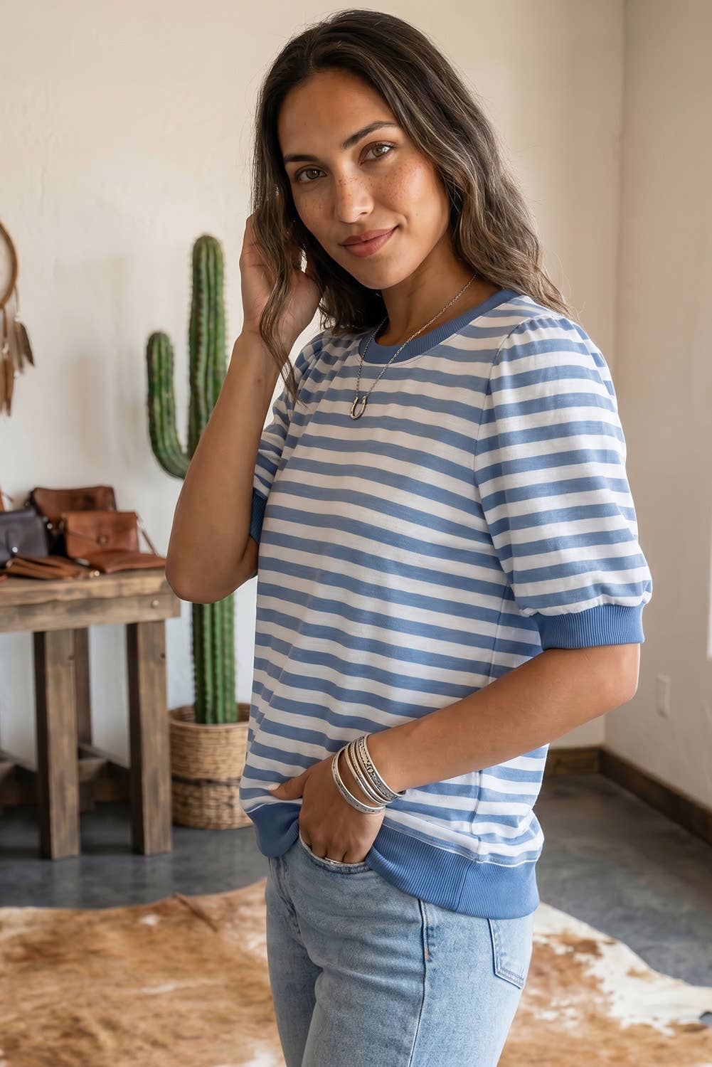 Summer 2026 Stripe Short Bubble Sleeve Colorblock T Shirt