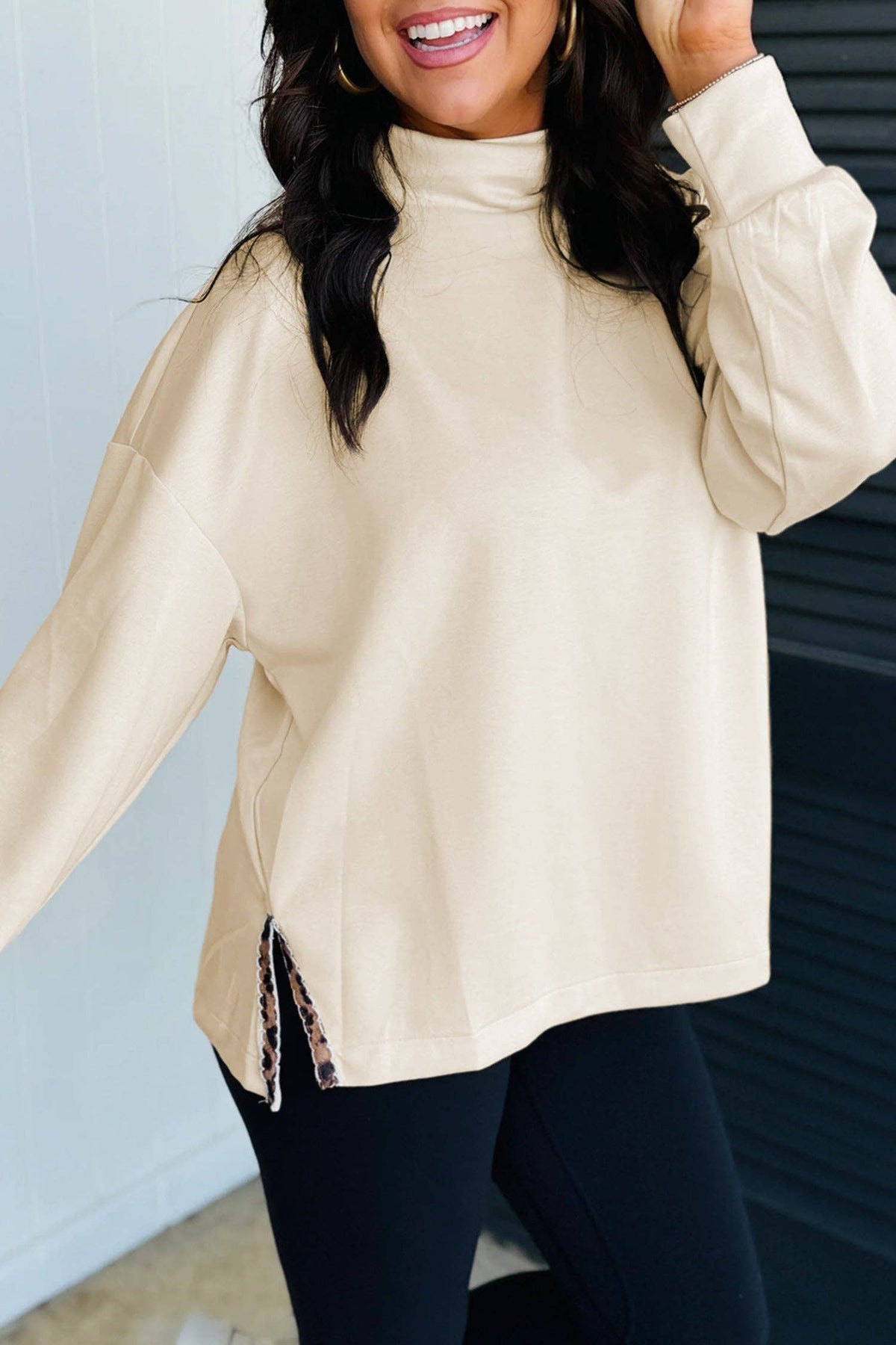 Mock Neck Leopard Split Hem Long Sleeve Top