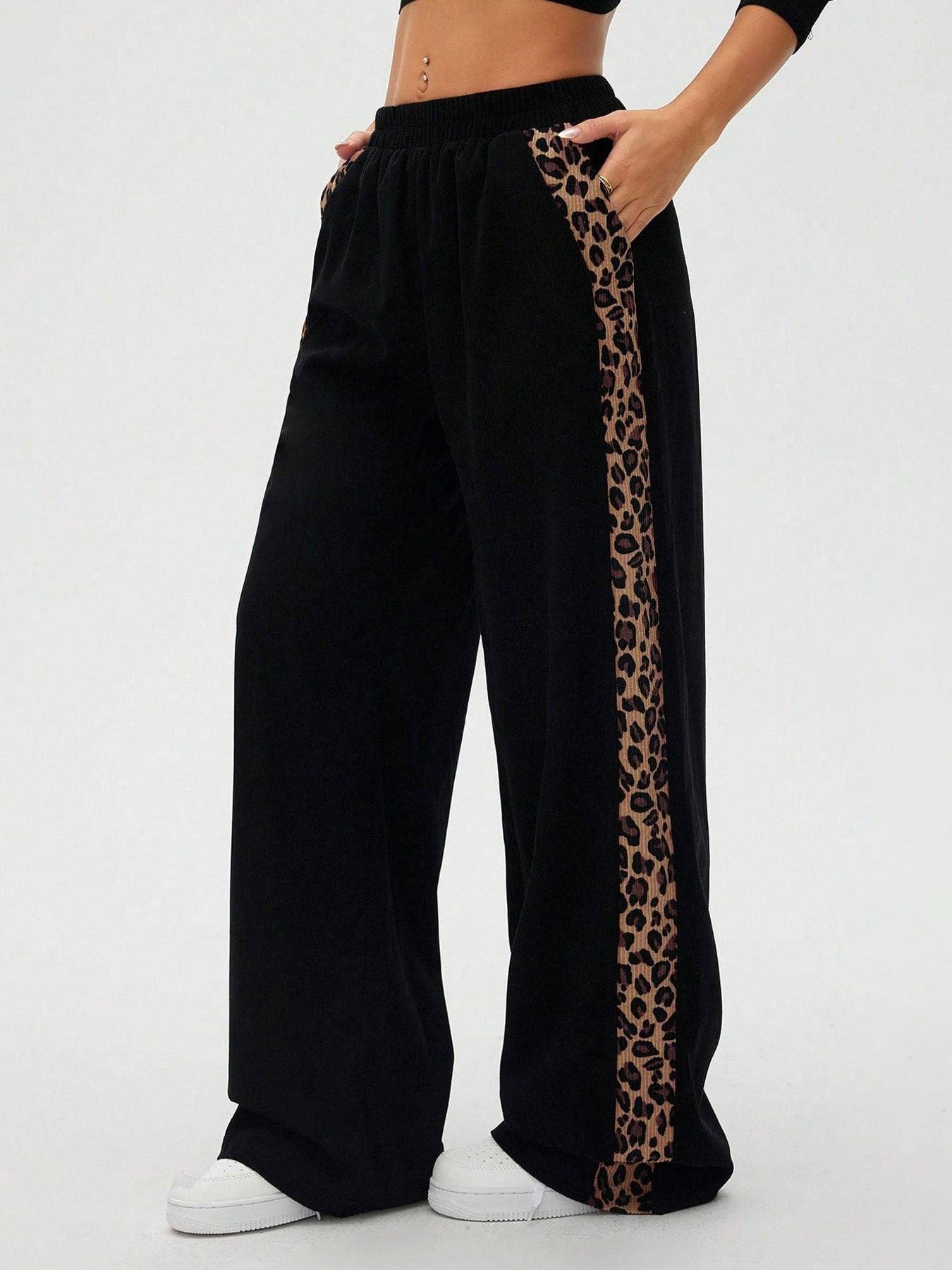 Black Leopard Print Detail Wide Leg Pants