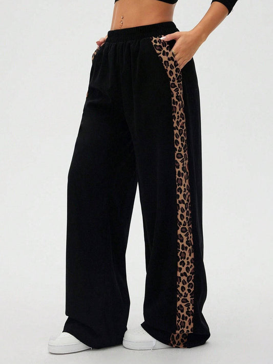 Black Leopard Print Detail Wide Leg Pants