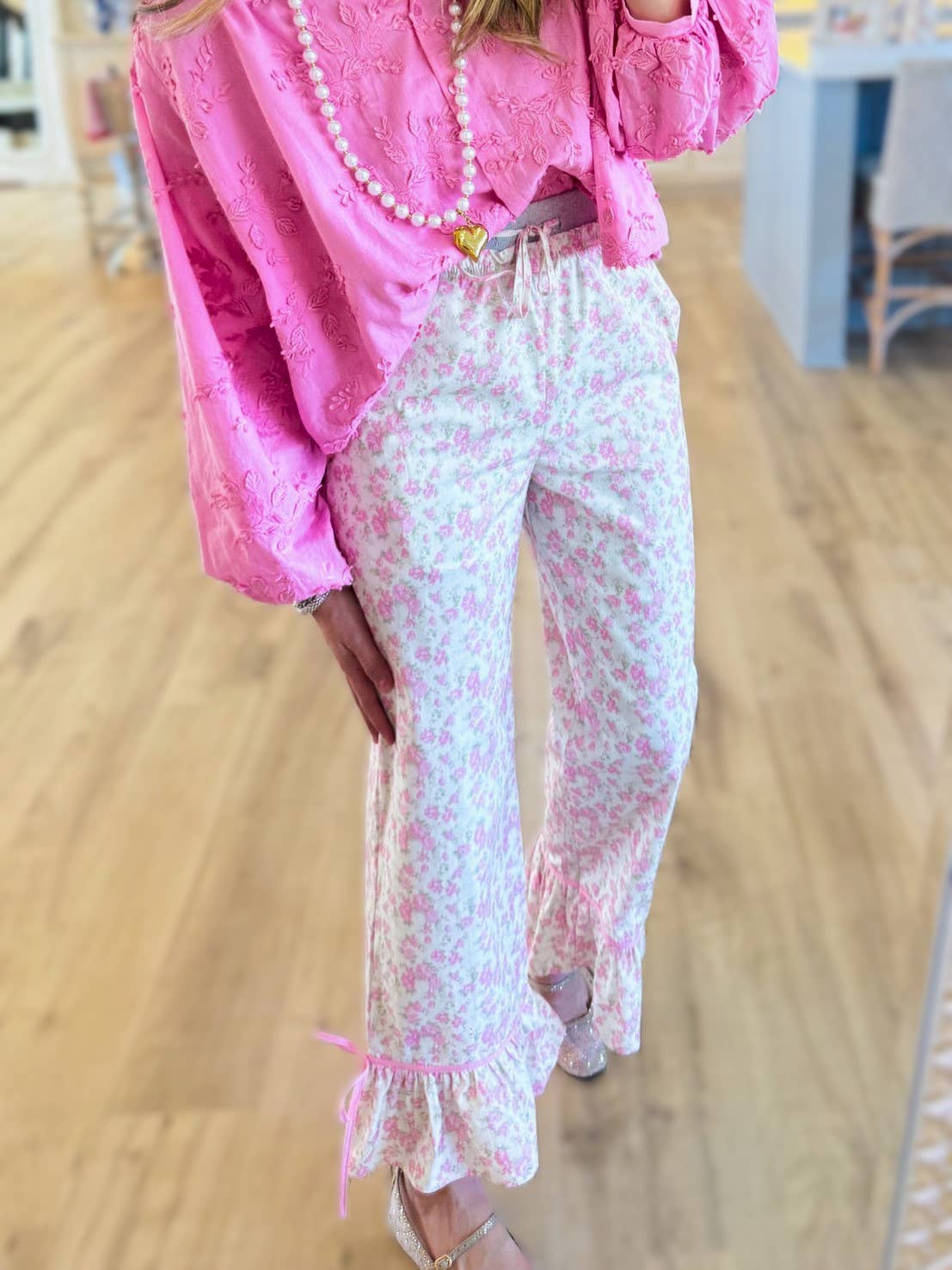 Lightweight Floral Ruffle Hem Wide Leg Pants