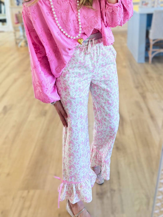 Lightweight Floral Ruffle Hem Wide Leg Pants