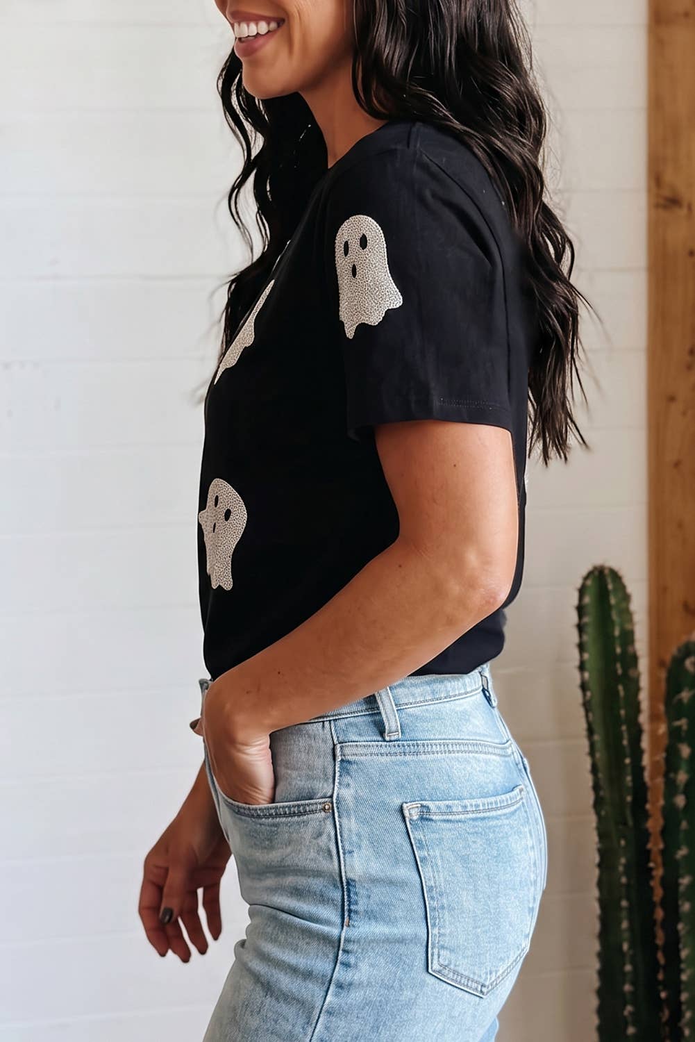 Glitter Ghost Pattern Crew Neck Halloween T Shirt