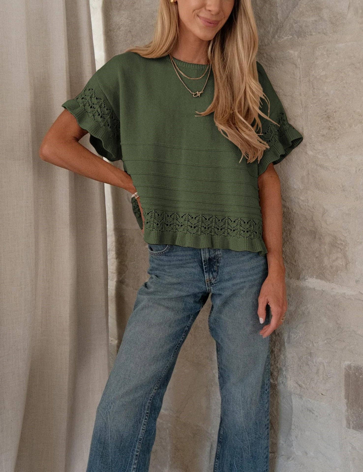 Eyelet Ruffle Sleeve Knit Top
