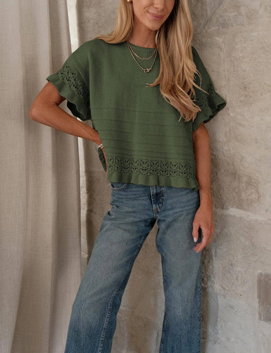 Eyelet Ruffle Sleeve Knit Top