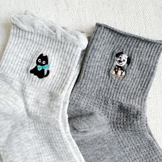 Cat And Dog Design Crew Socks Set Of 2