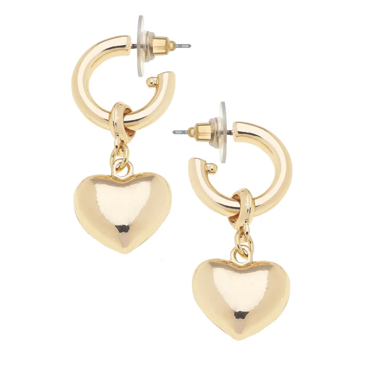 Hannah Puffed Heart Drop Hoop Earrings in Shiny Gold