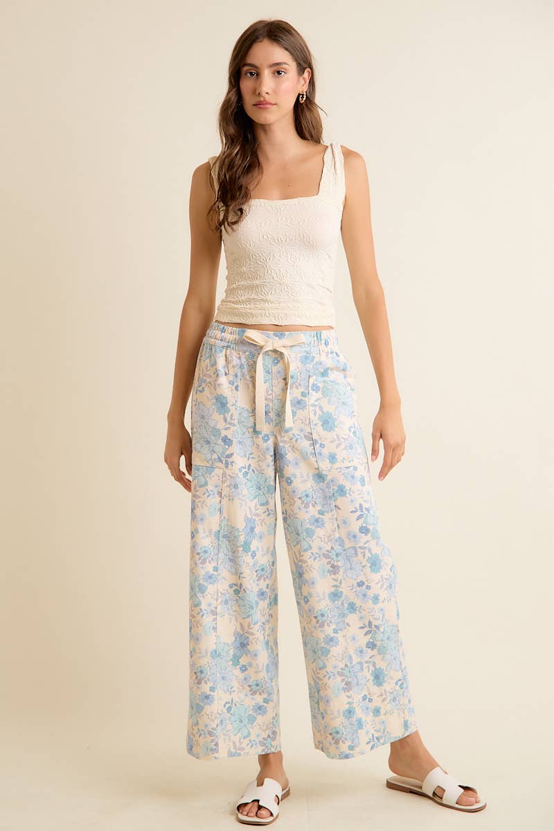 FLORAL COTTON TWILL ELASTICIZED WAIST WIDE PANTS