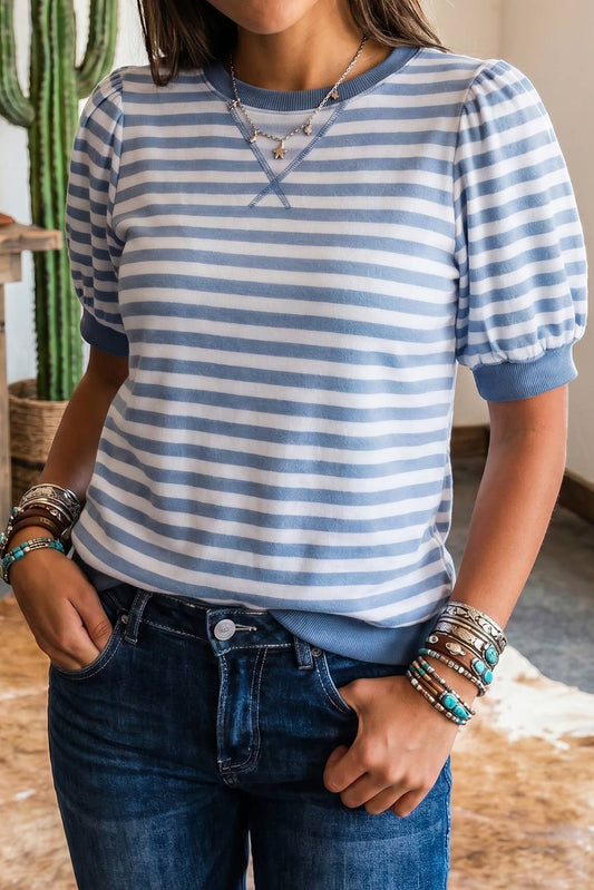 Summer 2026 Stripe Short Bubble Sleeve Colorblock T Shirt