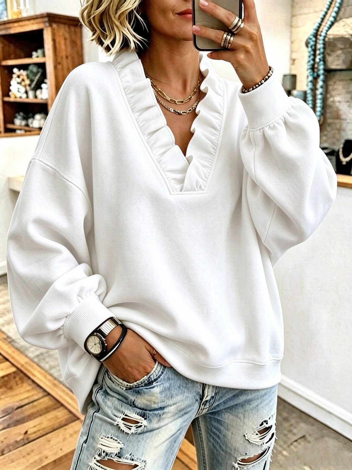 Ruffle V-Neck Loose Casual Sweatshirt