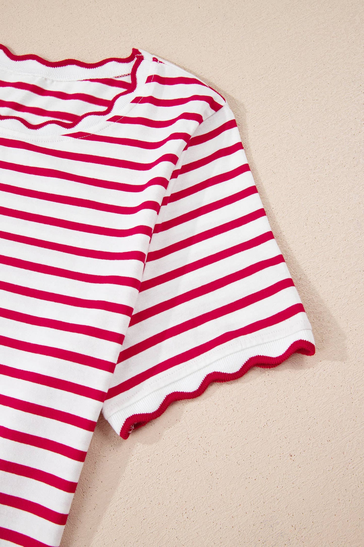 Stripe Scalloped Trim Round Neck T Shirt